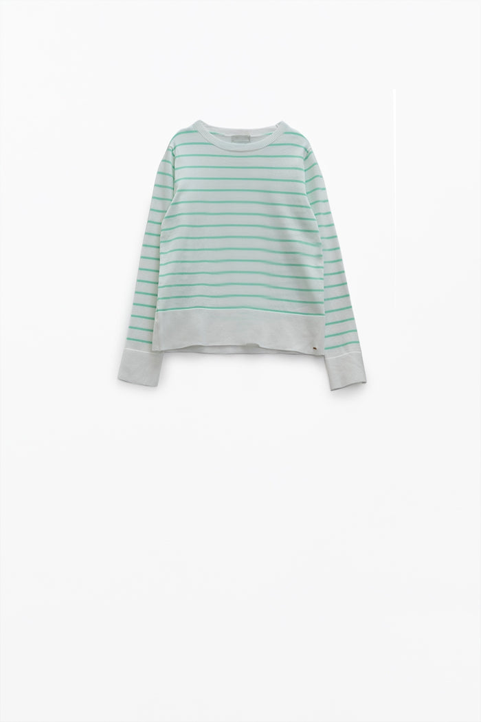 White long sleeves sweater with light green stripes