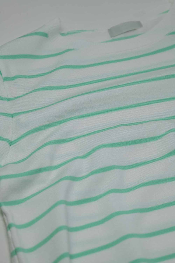 White long sleeves sweater with light green stripes