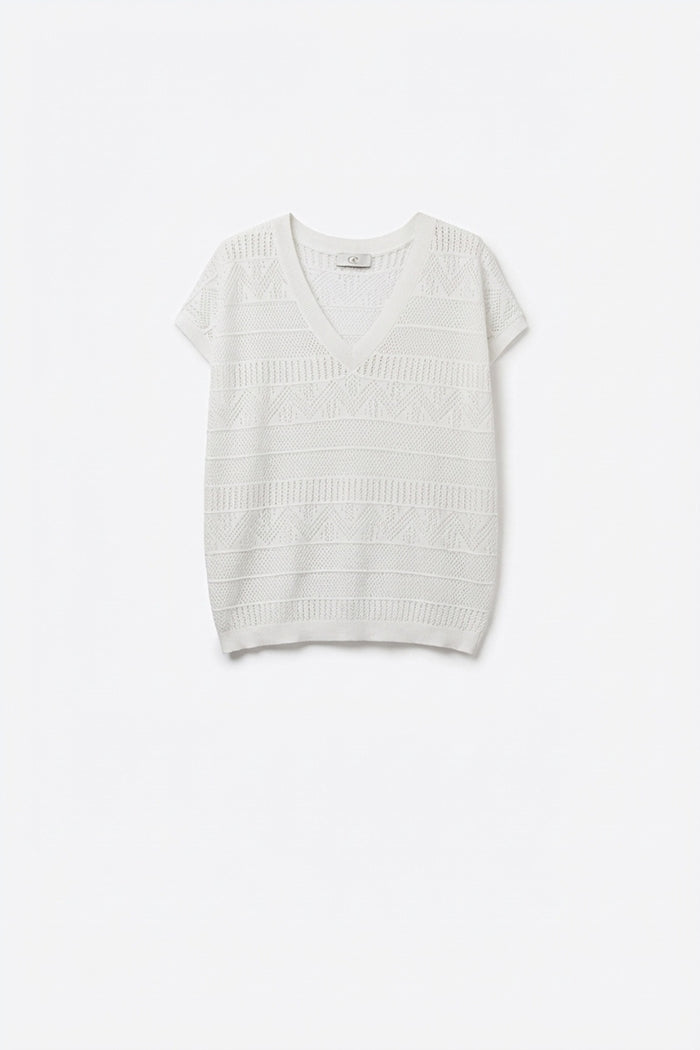 White Open Knit V-Neck Short Sleeve Sweater