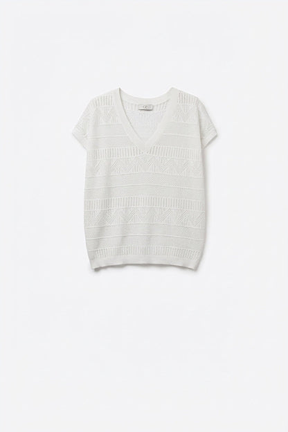 White Open Knit V-Neck Short Sleeve Sweater