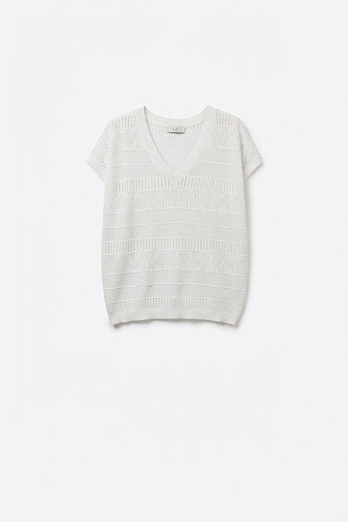 White Open Knit V-Neck Short Sleeve Sweater