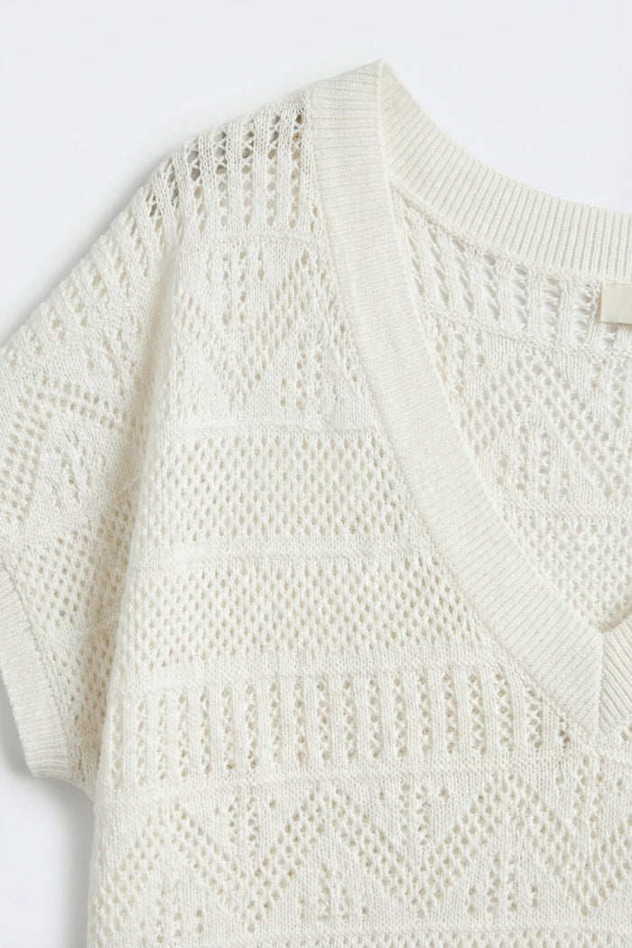 White Open Knit V-Neck Short Sleeve Sweater