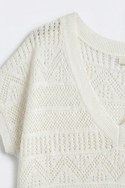 White Open Knit V-Neck Short Sleeve Sweater