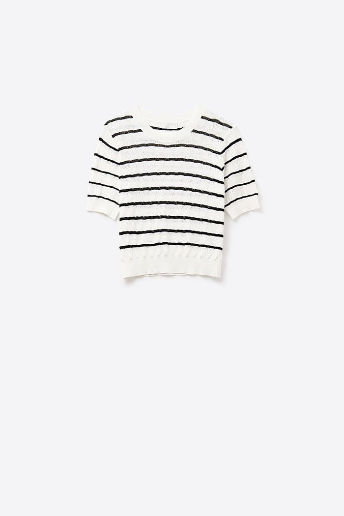 White Openwork Knit Top with Short Sleeves and Black Stripes