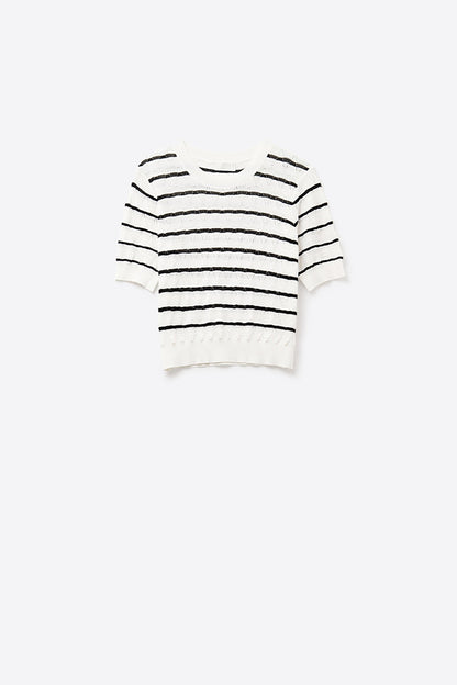 White Openwork Knit Top with Short Sleeves and Black Stripes