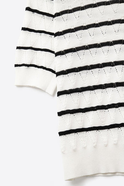 White Openwork Knit Top with Short Sleeves and Black Stripes