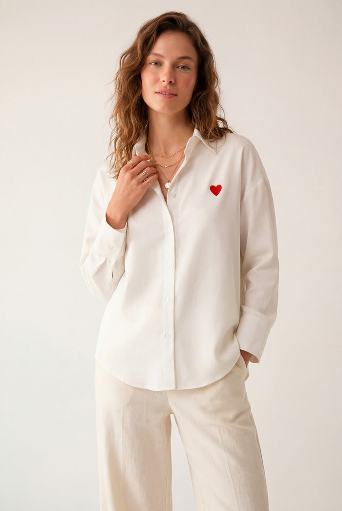 white Oxford Cotton Shirt with Embroidered red Heart Detail - Shirts