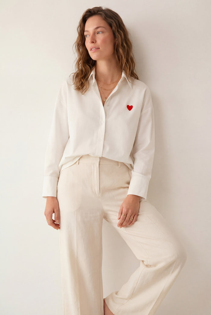 white Oxford Cotton Shirt with Embroidered red Heart Detail - Shirts