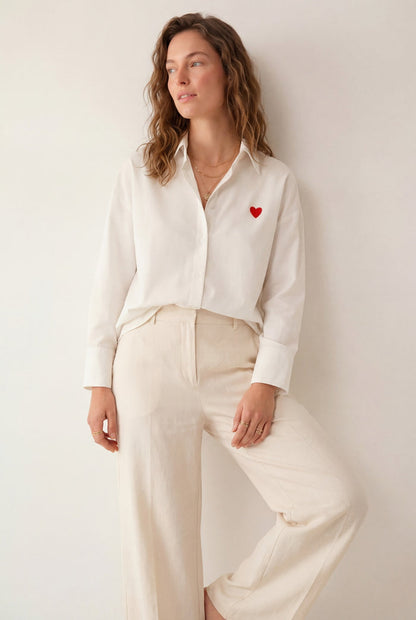 white Oxford Cotton Shirt with Embroidered red Heart Detail - Shirts
