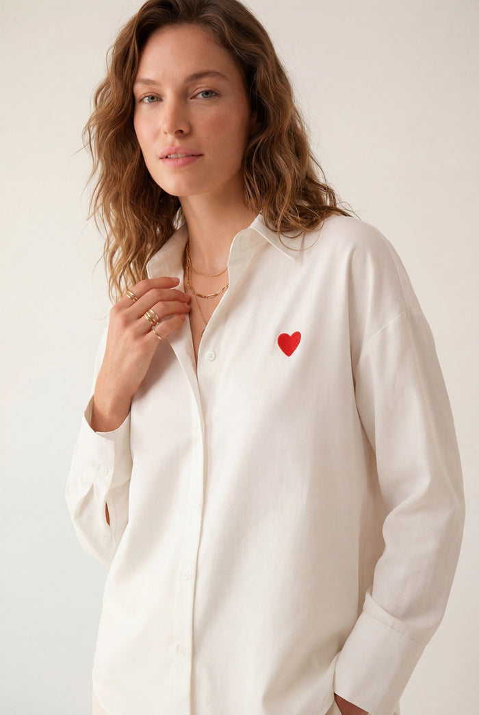 white Oxford Cotton Shirt with Embroidered red Heart Detail - Shirts