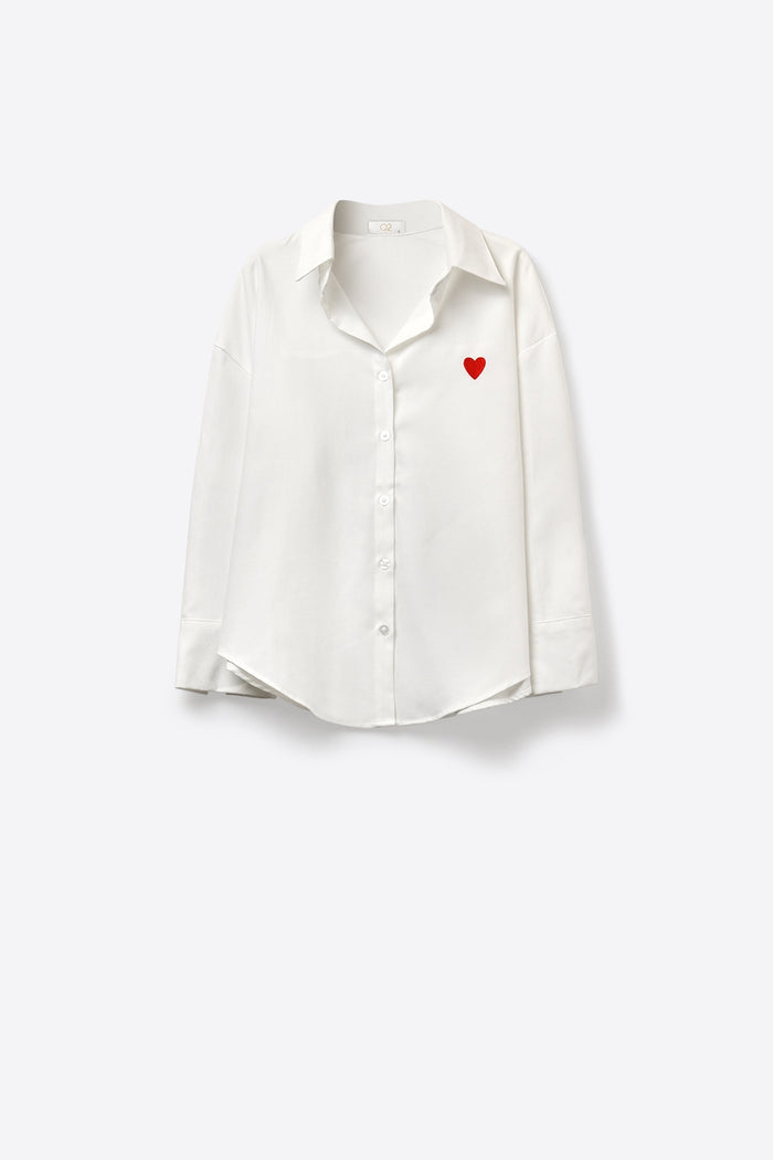 white Oxford Cotton Shirt with Embroidered red Heart Detail - Shirts