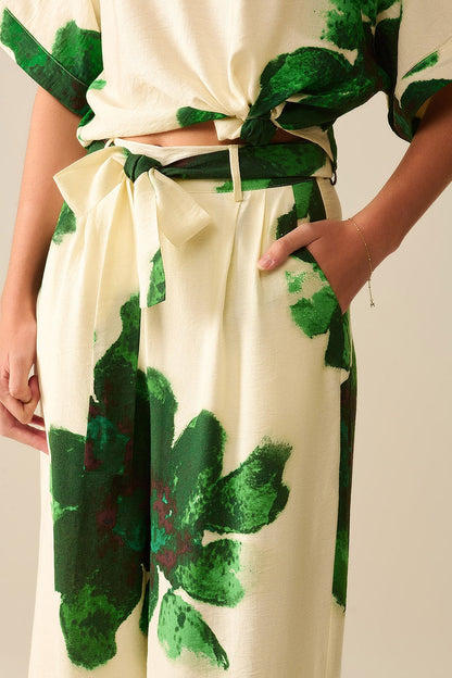 white Palazzo Pants With Green Tropial Flower Print and Matching Belt - trousers