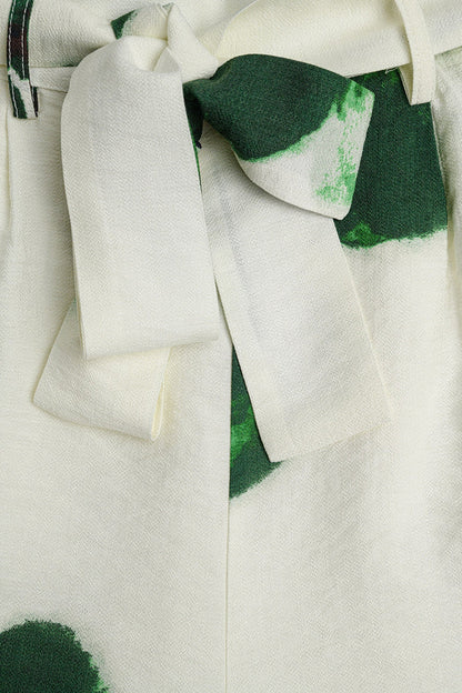 white Palazzo Pants With Green Tropial Flower Print and Matching Belt - trousers