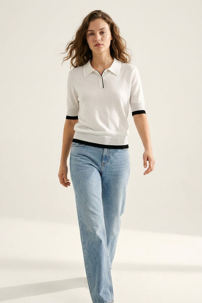 White Polo Sweater with Black Trim Detail