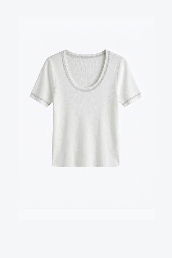 White Ribbed Knit Scoop Neck sweater with shiny lurex trim
