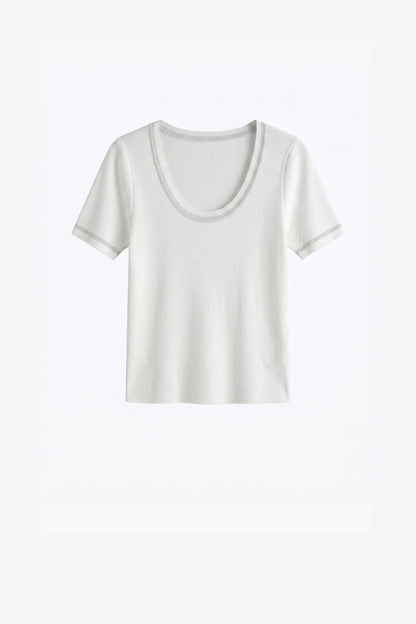 White Ribbed Knit Scoop Neck sweater with shiny lurex trim