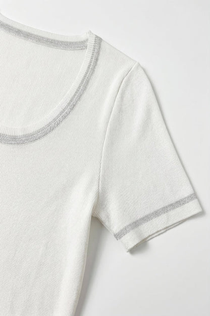 White Ribbed Knit Scoop Neck sweater with shiny lurex trim