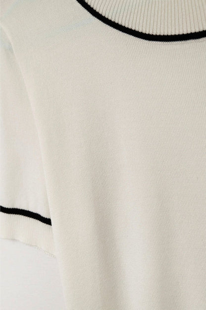 White Short Sleeve Knit Top with Black Contrast Trims