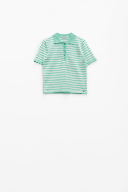 White short sleeves polo shirt with light blue stripes and frontal buttons details