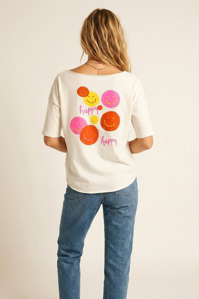 White Smiley Face Casual Short Sleeve sweatshirt - top