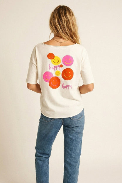 White Smiley Face Casual Short Sleeve sweatshirt - top