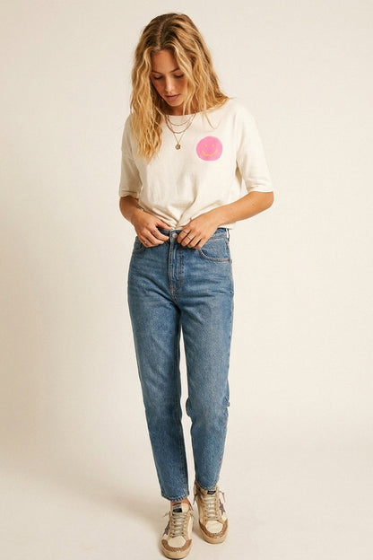 White Smiley Face Casual Short Sleeve sweatshirt - top