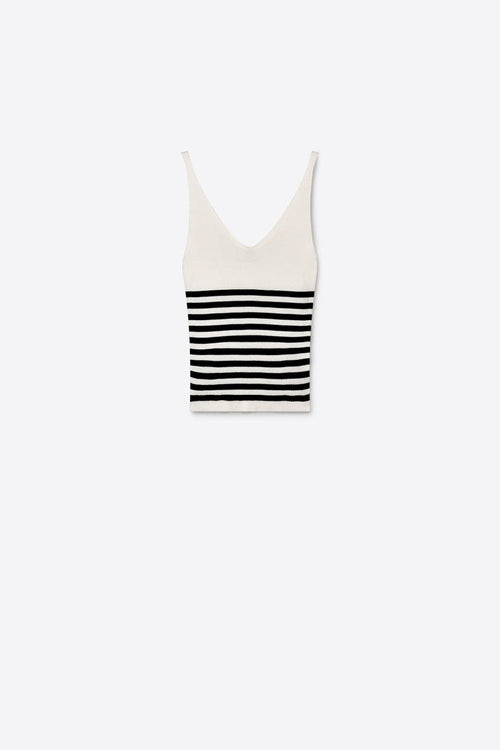 White Stripe Ribbed Knit V-Neck Fitted Tank Top