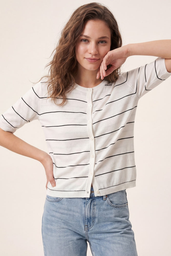 White Striped Knit Button-Front Short Sleeve Cardigan
