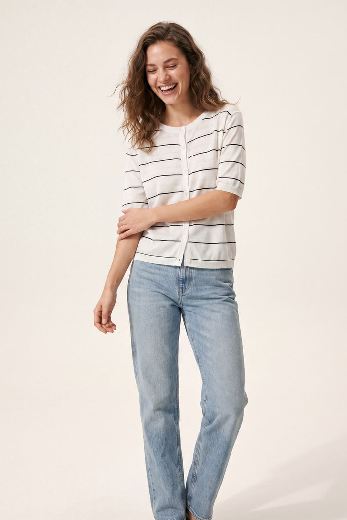 White Striped Knit Button-Front Short Sleeve Cardigan