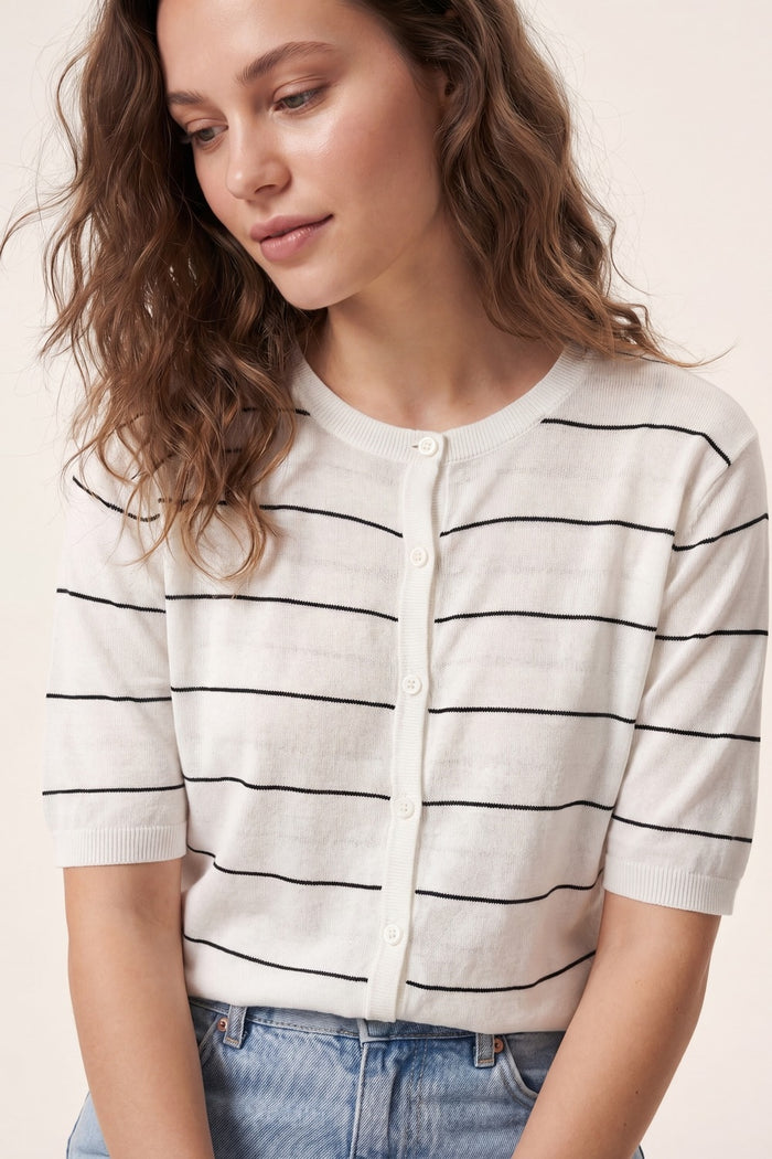 White Striped Knit Button-Front Short Sleeve Cardigan
