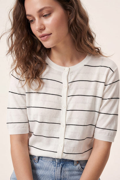 White Striped Knit Button-Front Short Sleeve Cardigan