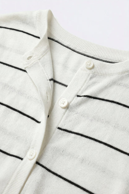 White Striped Knit Button-Front Short Sleeve Cardigan