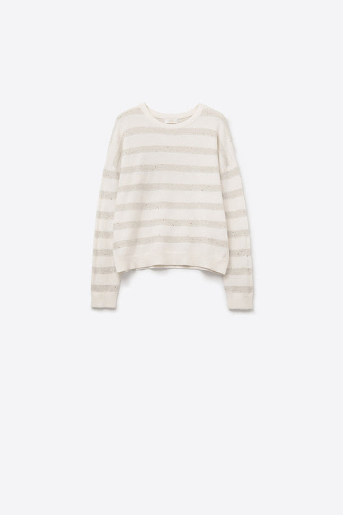 White Striped Knit Sweater with Sequin Detail