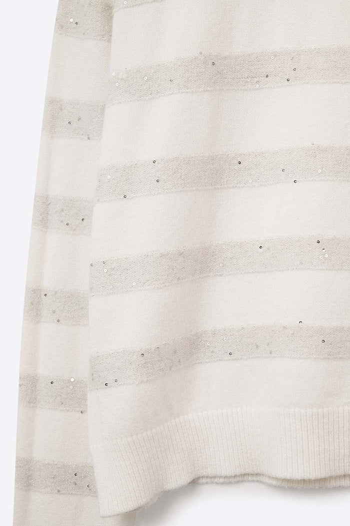 White Striped Knit Sweater with Sequin Detail