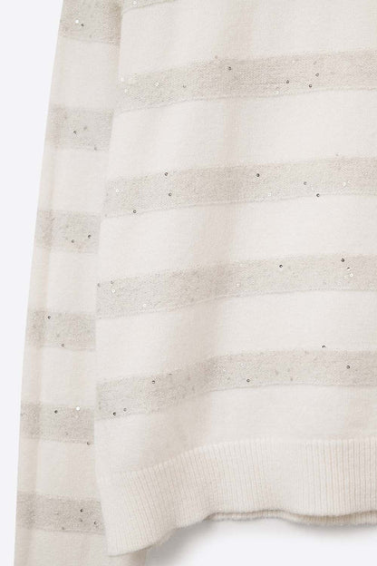 White Striped Knit Sweater with Sequin Detail