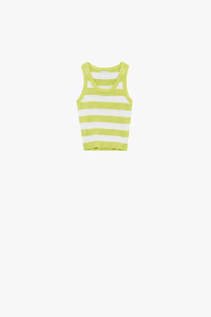 White Tank Top With Wide Stripes in Lime Green
