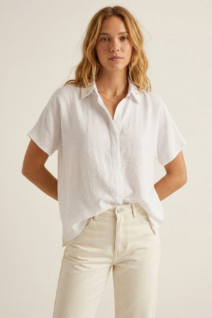 White Textured Cotton Short Sleeve Collared Relaxed Fit Shirt - Shirts