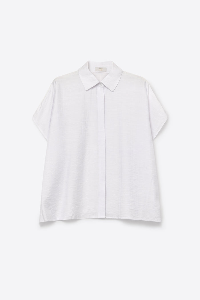 White Textured Cotton Short Sleeve Collared Relaxed Fit Shirt - Shirts