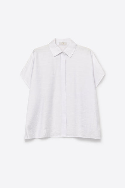 White Textured Cotton Short Sleeve Collared Relaxed Fit Shirt - Shirts
