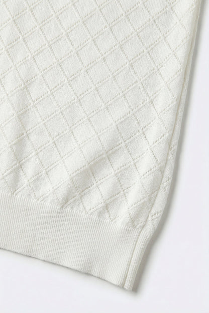 White Textured Knit Sweater with Diamond Pattern