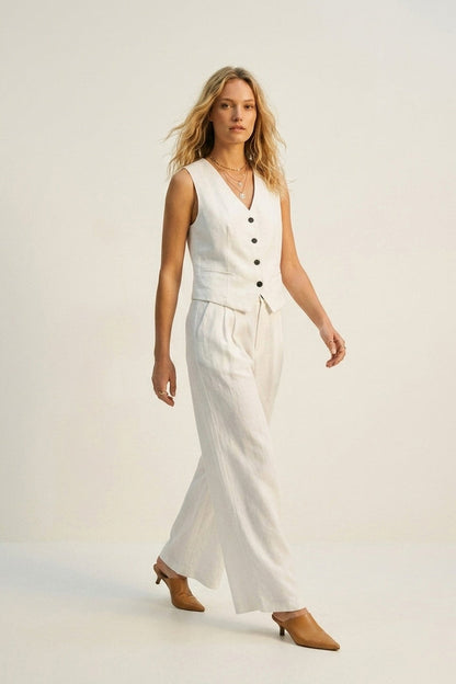 White Textured Vest with black Button-Front