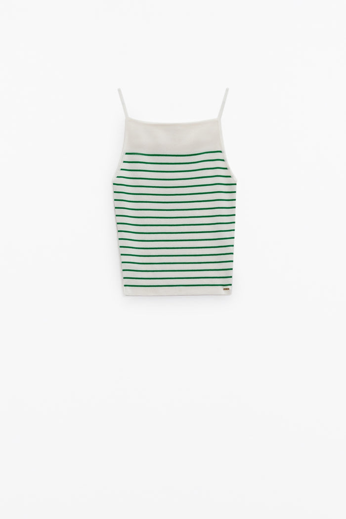 White top with green stripes and thin straps