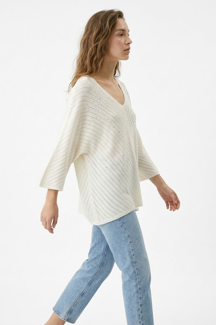 White V-Neck Embellished Knit Sweater Top