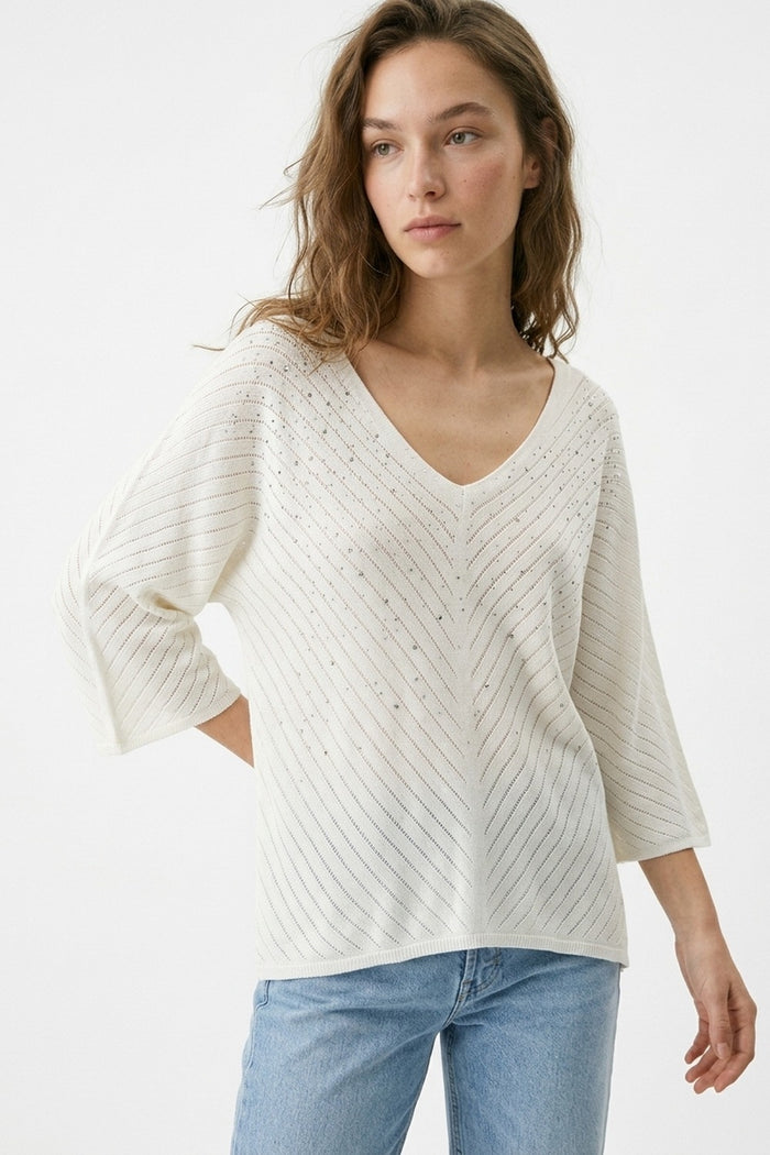White V-Neck Embellished Knit Sweater Top