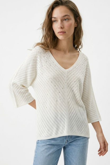 White V-Neck Embellished Knit Sweater Top