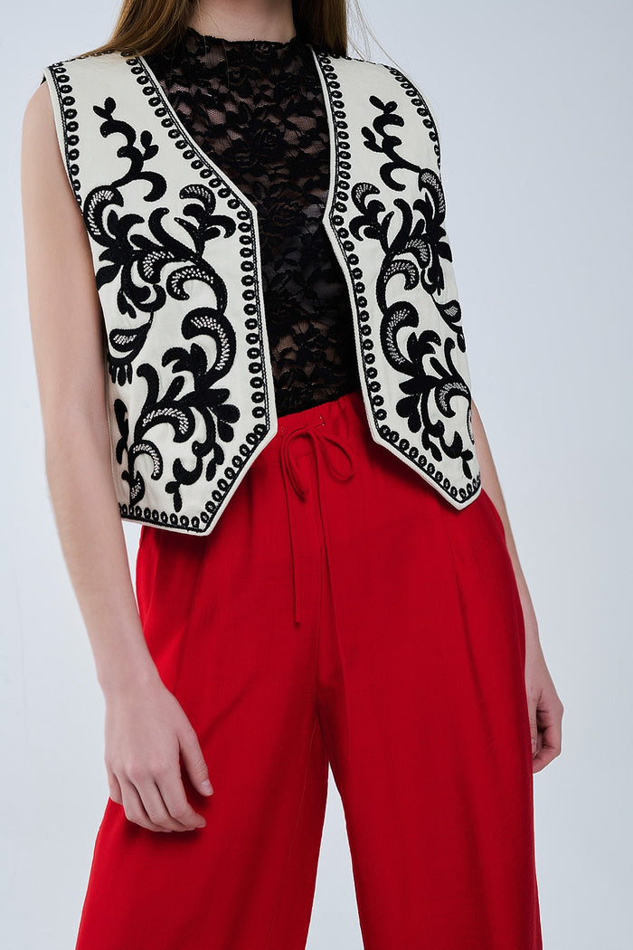 White Vest with Black Baroque embroidered