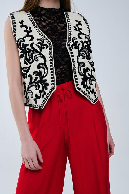White Vest with Black Baroque embroidered