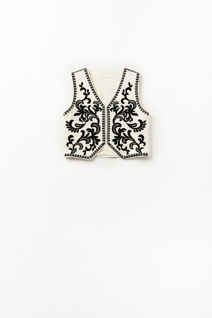 White Vest with Black Baroque embroidered