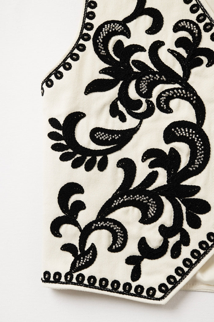 White Vest with Black Baroque embroidered