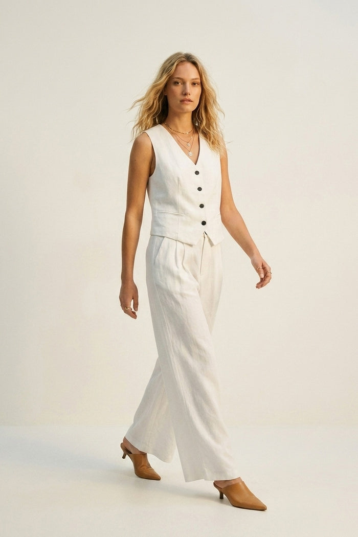 White Wide-Leg Front Pleat Summery Pants - trousers